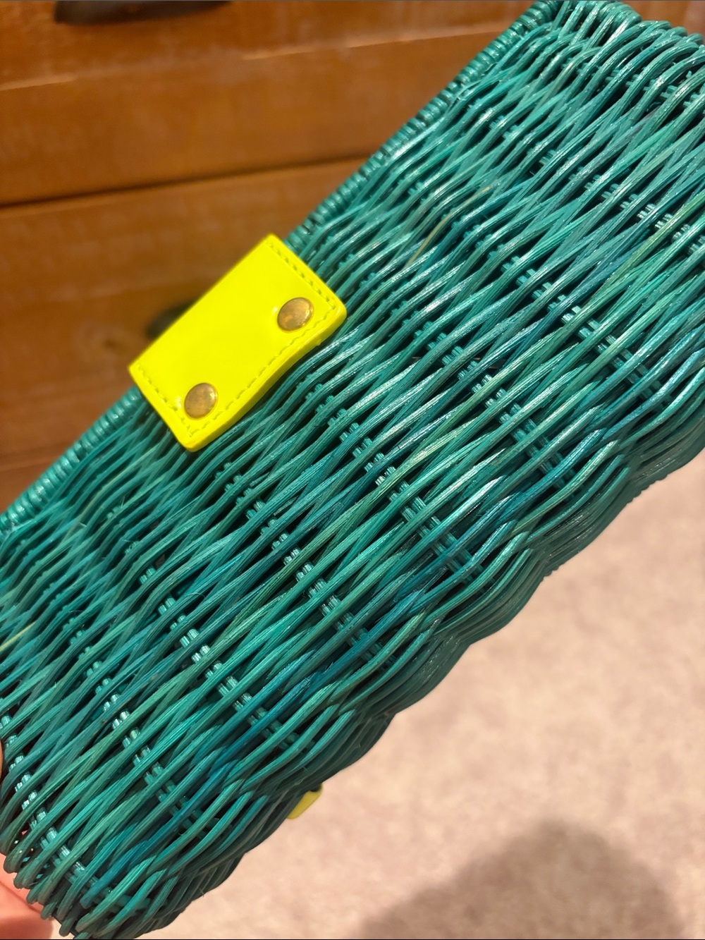 J. Crew Teal Woven Clutch with Yellow Patent Tab - Picture 3 of 4